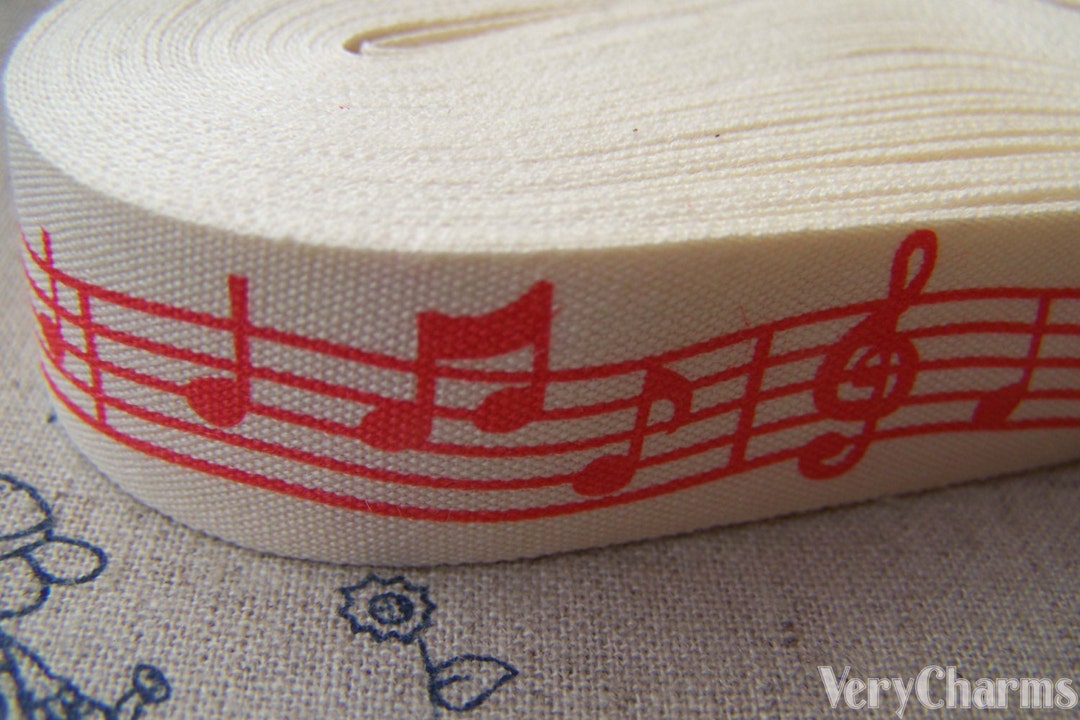 5.46 Yards (5 Meters) Red Music Note Print Cotton Ribbon Label String ...