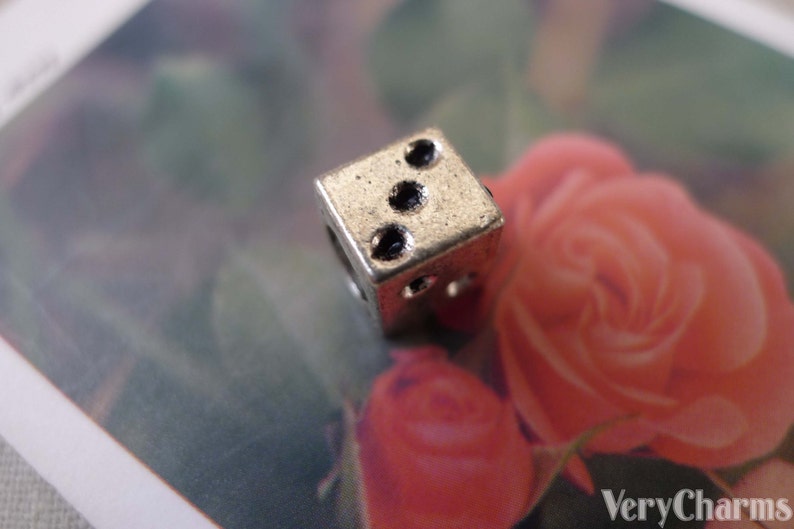 May include: A silver charm in the shape of a dice with two dots on one side. The charm is on a white background with a blurry image of a pink rose.