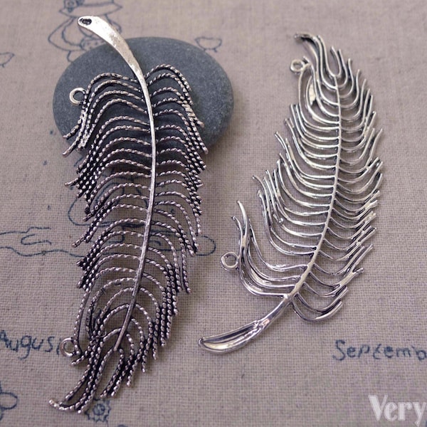 Large Feather Connectors Pendants Antique Silver Tone 28x78mm Set of 10 A7381