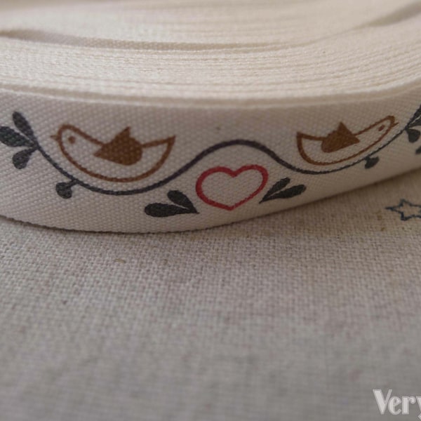 5.46 Yards (5 meters) Lovely Bird Print Cotton Ribbon Label String A7481