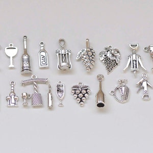 Antique Silver Corkscrew Wine Opener Grape Barrel Party Theme Charms Mixed Style Set of 23