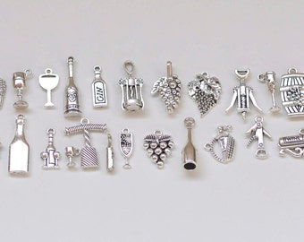 Antique Silver Corkscrew Wine Opener Grape Barrel Party Theme Charms Mixed Style Set of 23