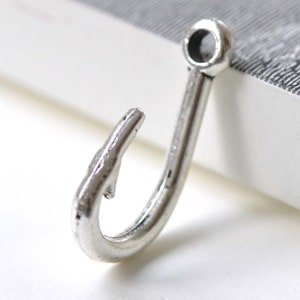 Fish Hook Charms Unadorned Blank Fishing Pendants Antique Silver Finish Set of 10 A8029
