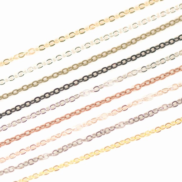 16ft (5m) Platinum/Silver/Gold/Antique Bronze/Copper/Gunmetal/E-Coating Black/Light Gold/Rose Gold Flat Cable Chain Link  2mm