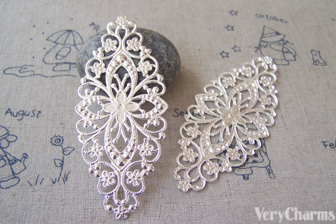 Silver Metal Embellishments Filigree Floral Findings 35x80mm Set of 20