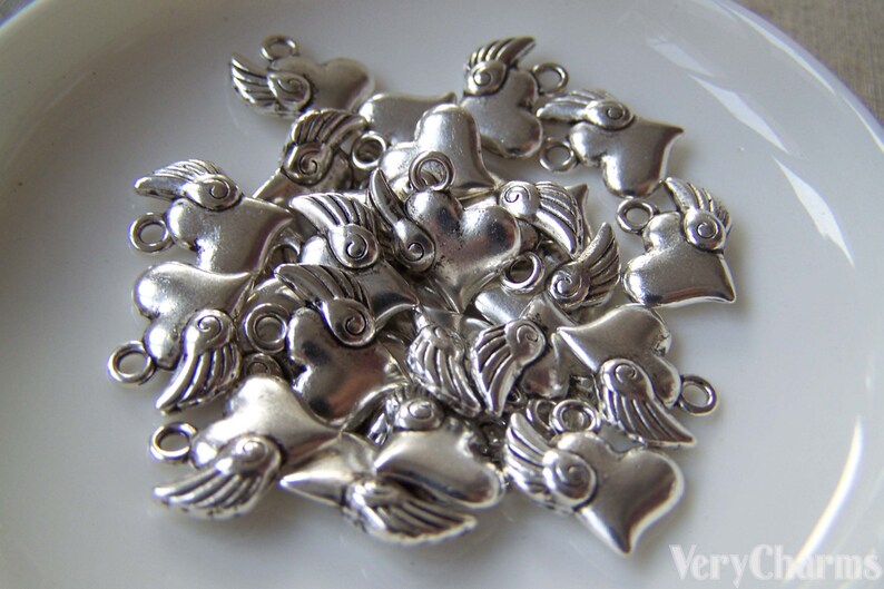 20 pcs of Antique Silver 3D Heart Wing Charms 14x14mm A5372 image 2