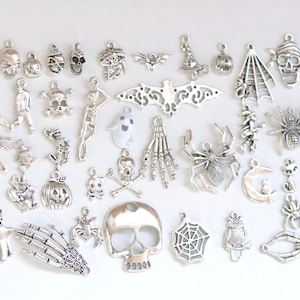 Antique Silver Halloween Themed Ghost Skull Charms Mixed Styles Set of 43