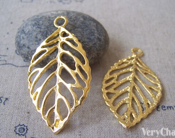 10 pcs of Gold Tone Huge Filigree Tree Leaf Charms Pendants 26x44mm A4256