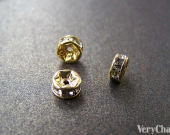 Gold Tone Rondelle Clear Rhinestone Spacer Beads 6mm/8mm/10mm/12mm