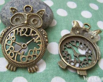 Owl Clock Pendants Antique Bronze Charms 43x48mm Ensemble de 4 pcs A129