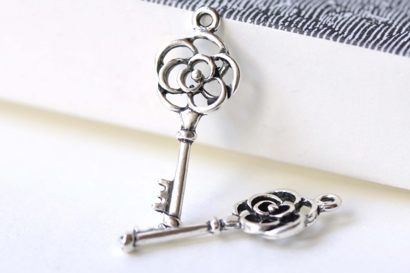 Filigree Key Antique Silver Filigree Flower Key Charms 11x28mm - Etsy