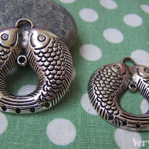 Antique Silver Double Fish Connectors Charms 33x37mm Ensemble de 6 pcs A3413