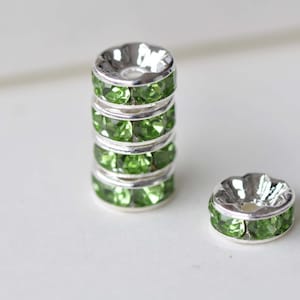 10 pcs Silver Tone Olive Green Rhinestone Rondelle Spacer Beads 8mm A7904