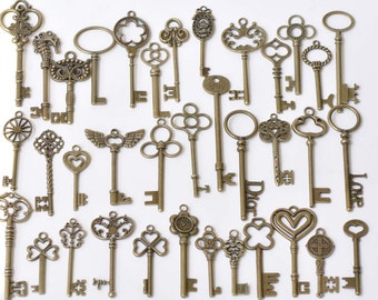 Antique Bronze Large Skeleton Key Charms Pendants Collection Mixed Style Set of 36 A8786