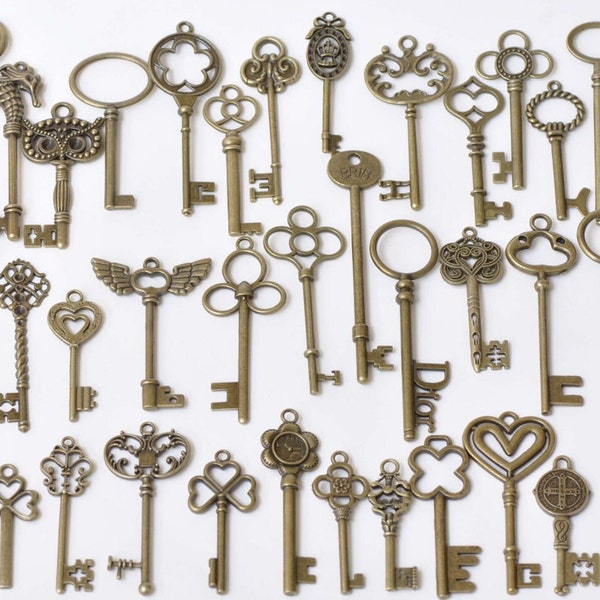 Antique Bronze Large Skeleton Key Charms Pendants Collection Mixed Style Set of 36 A8786