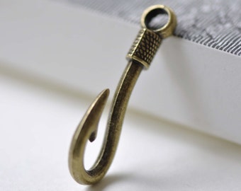 Fish Hook Charms Antique Bronze Coiled End Large Hole Fishing Hook Pendants 13x37mm Set of 10 A8002