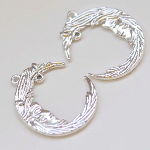 Crescent Moon Face Connectors Antique Silver Large Moon Star Pendants 32x38mm Set of 10  A7495