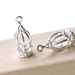 Silver Bird Cage Pendants Charms 7x15mm Set of 10 A8159