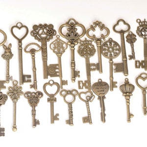 Antique Bronze Skeleton Key Charms Pendants Collection Mixed Style Set of 26