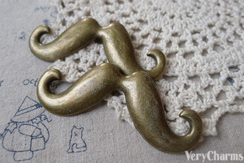 6 pcs of Antique Bronze Moustache Pendant Charms Two Loops Huge Size 26x68mm A7276