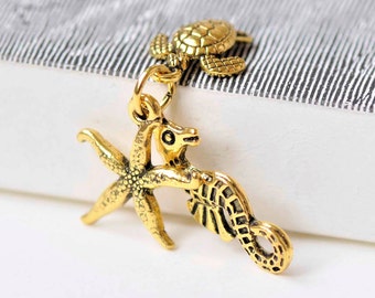 Antique Gold Seahorse Starfish Turtle Ocean Creature Kit Charms Pendants Set of 10 A8985