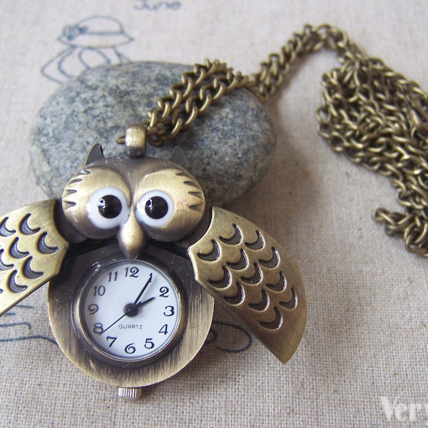 1 PC Antique Bronze Owl Wing Pocket Watch Pendentif 25x40mm A4611