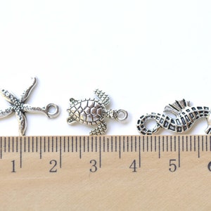 K&ouml;nnte beinhalten: Drei silberne Metall-Anh&auml;nger in Form eines Seesterns, einer Schildkr&ouml;te und eines Seepferds. Die Anh&auml;nger sind auf einem Lineal mit Zentimeter-Markierungen abgebildet.