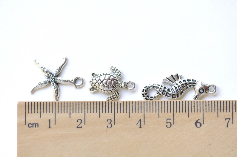 K&ouml;nnte beinhalten: Drei silberne Metall-Anh&auml;nger in Form eines Seesterns, einer Schildkr&ouml;te und eines Seepferds. Die Anh&auml;nger sind auf einem Lineal mit Zentimeter-Markierungen abgebildet.