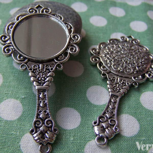 2 pcs Antique Silver Traditional Chinese Round Glass Mirror Pendant 35x68mm A1781