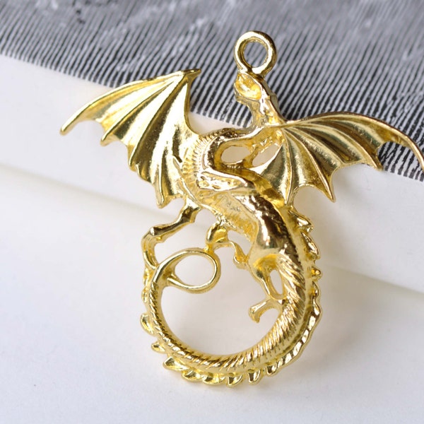 Flying Dragon Charms Shiny Gold Large Pendants 43x47mm Set of 10 A8076