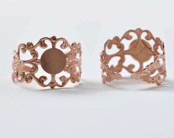 10 pcs Rose Gold Color Brass Adjustable Filigree Flower Ring Bases with 8mm Pad A8807