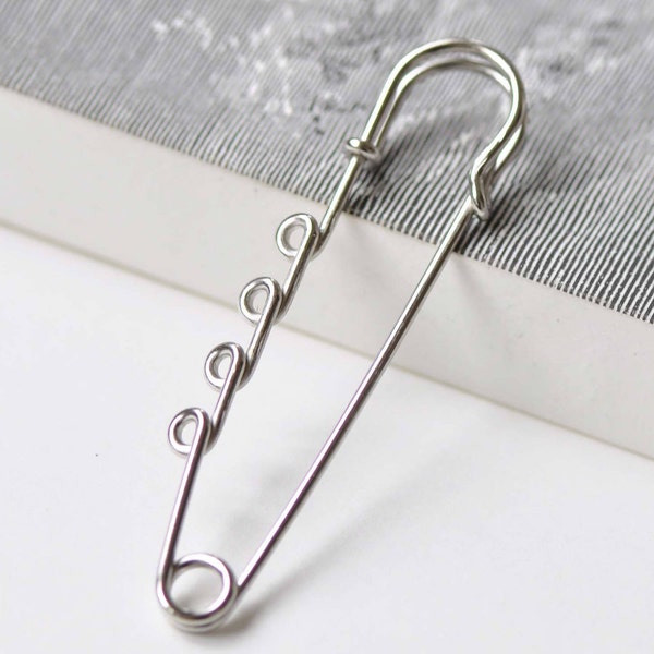 Silvery Gray Dull Silver Kilt Pin Shawl Pins Four Loops Safety Broochs 18x75mm Set of 10 A8845