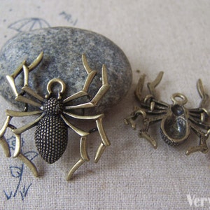 Op de afbeelding: Twee antieke bronzen spinnencharms. De grotere spin heeft een gedetailleerd webontwerp en een getextureerd lichaam. De kleinere spin heeft een eenvoudiger ontwerp.