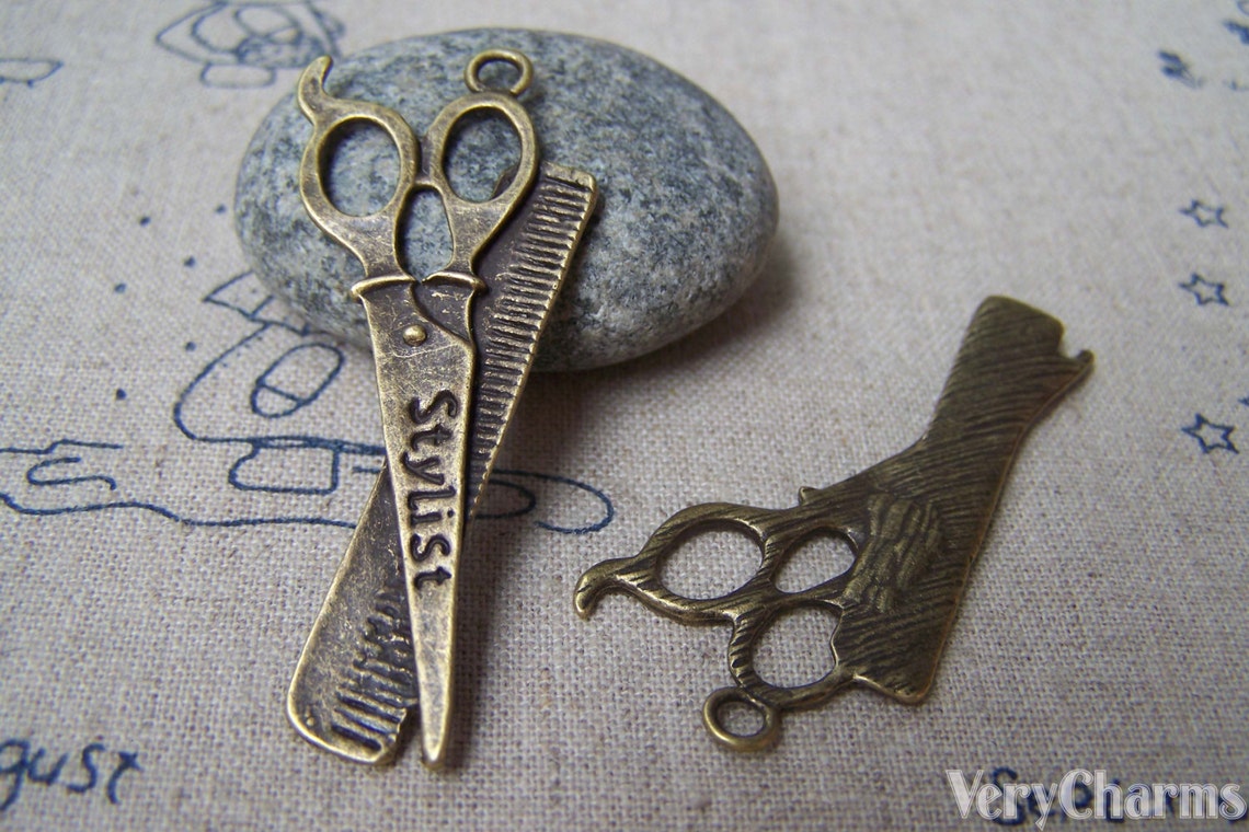 Barber Shop Stylist Scissors and Comb Charms Antique Bronze Etsy