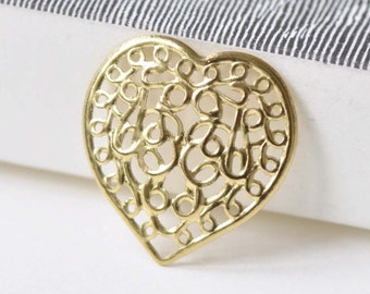 Raw Brass Heart Stamping Filigree Floral Embellishments 21mm Set of 20 A8526