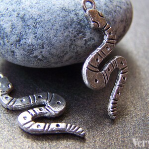May include: Two silver snake charms with detailed scales and a textured finish. The charms are on a grey background.