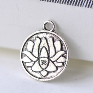 Lotus Flower Pendants Antique Silver Round Religious Charms 15mm Double Sided Set of 10 A8115