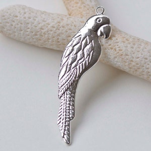 May include: Silver parrot charm with detailed feather design. The charm has a loop at the top for attaching to jewelry or other crafts.