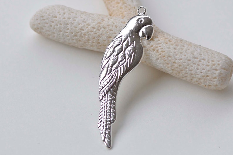 May include: Silver parrot charm with detailed feather design. The charm has a loop at the top for attaching to jewelry or other crafts.