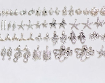 Antique Silver Ocean Themed Charms Sea Star Horse Octopus Mixed Styles Set of 60  A5647