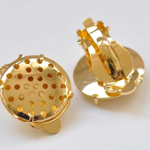 14K Gold Perforated Sieve Bezel Cup Ear Clips Findings Match 16mm Cabochon Set of 10 A5999