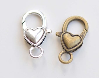 10 pcs Antiqued Bronze/Siver Heart Lobster Clasps Jewelry Making Supplies 14x27mm