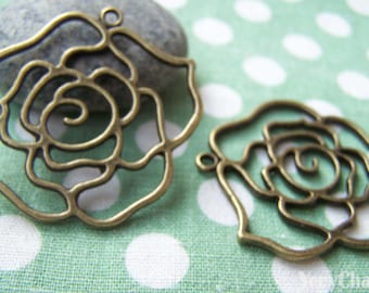 10 pcs of Antique Bronze Filigree Rose Flower Pendants Charms 40mm A1739
