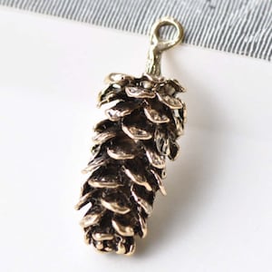 May include: A gold-toned metal pine cone charm with a loop at the top for hanging. The pine cone is detailed with textured scales.