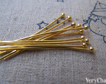 100 pcs Gold Tone Brass Ball End Headpin - 22G - 30mm A2812