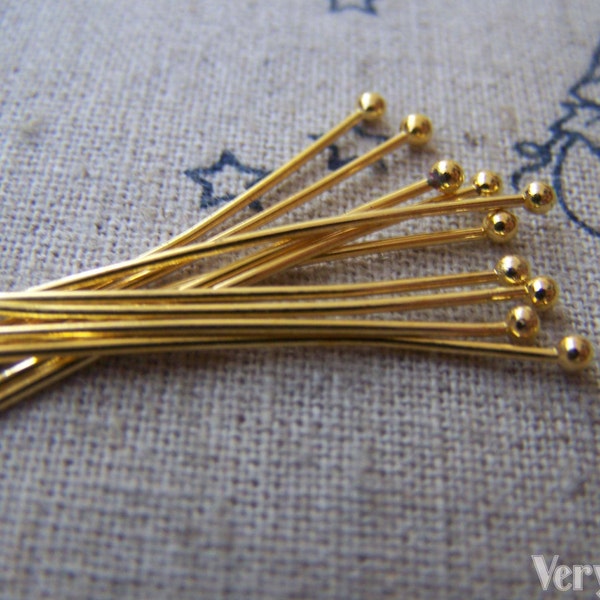 100 pcs Gold Tone Brass Ball End Headpin - 22G - 30mm A2812