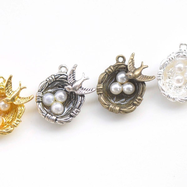 6 pcs Mother Bird And Three Eggs In Nest Charms Pendants 24x24mm Antique Bronze/Antique Silver/Shiny Gold/Shiny Silver/Antique Gold