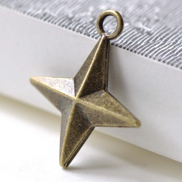 Antique Bronze Four Pointed Star Charm Pendants 25x30mm Set of 10 A8004