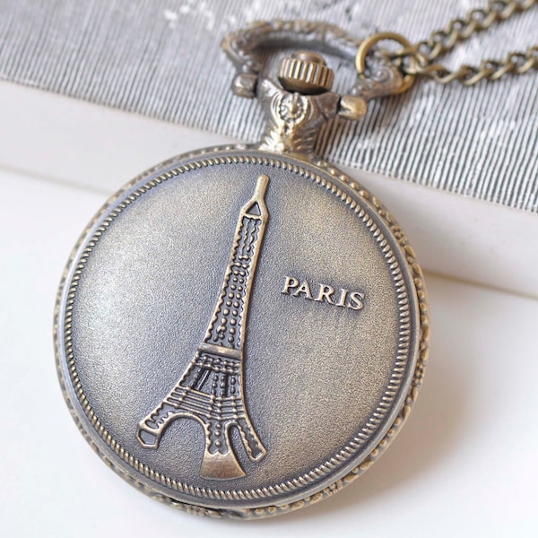 1 PC Antique Bronze Large Eiffel Tower Pocket Watch 47mm A1557