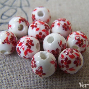 20 pcs Chinese Red Flower Porcelain Ceramic Beads 8mm A568